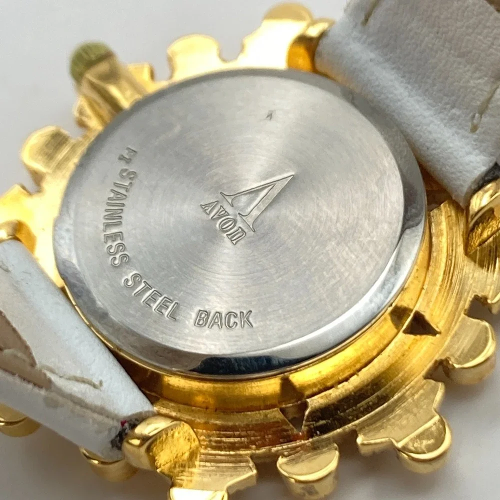 Avon Women's Watch Gold Tone Crystals Bling 35mm White Leather New Battery 7.75